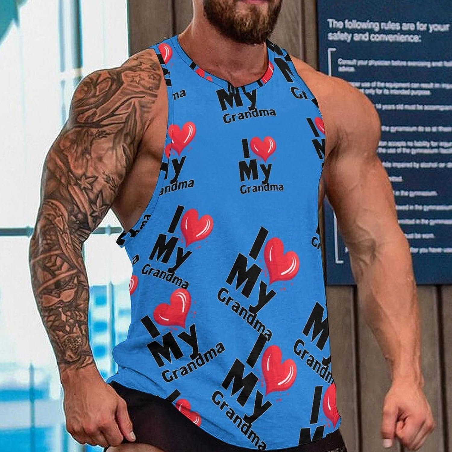I LOVE My Grandma Men's Tank Tops Sleeveless Muscle Shirts for Men Lightweight Vest Crew Neck T-Shirts