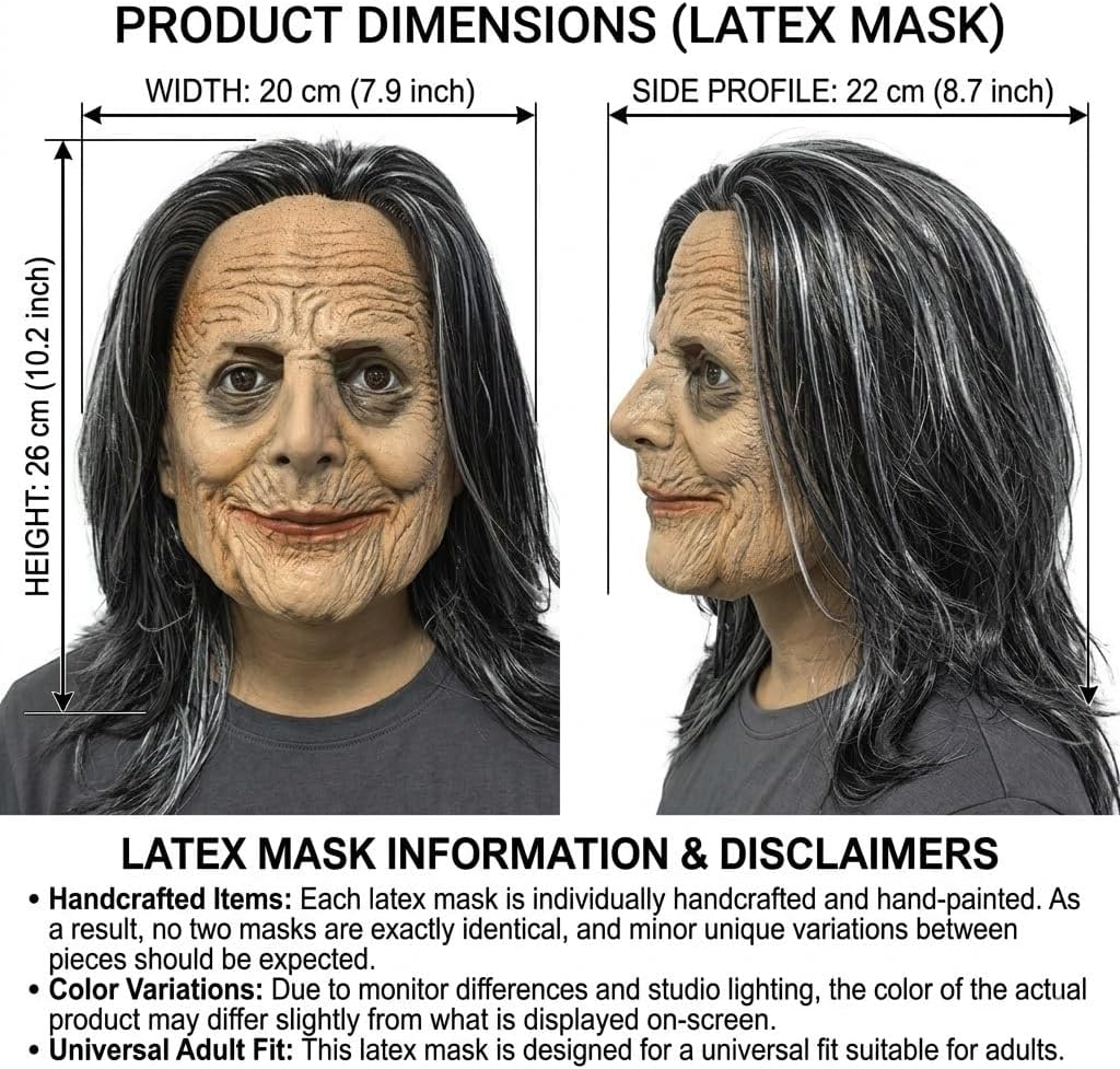 Realistic Black-haired Old Lady Latex Masks Rave Party Horror Witch Mask Halloween Lifelike Granny Cosplay Costume Props
