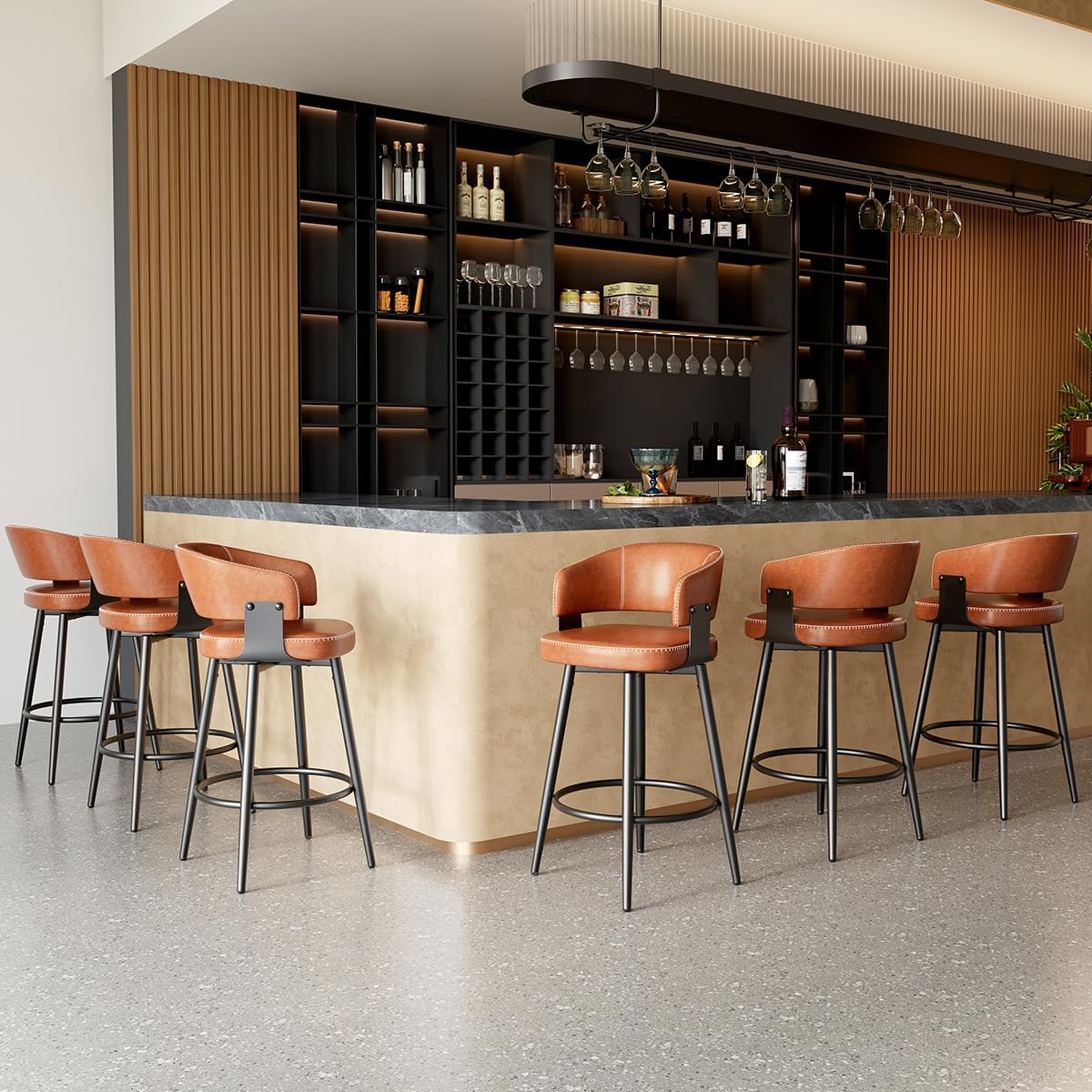 Bar Stools Set of 6, 30" Swivel Bar Height Bar Stools with Curved Back, Mid-Century Modern Faux Leather Bar Chairs with Stitching for Kitchen Island, Dining, Living Room, Vintage Brown