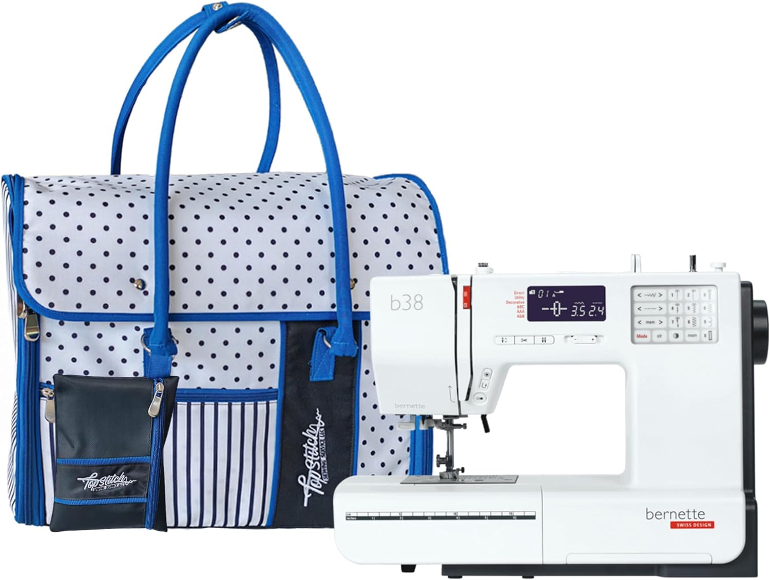 Bernette B38 Computerized Sewing Machine with LCD Display | 394 Stitch Patterns, Auto Needle Threader, LED Light | Includes Stylish Polka Dot Carrying Bag