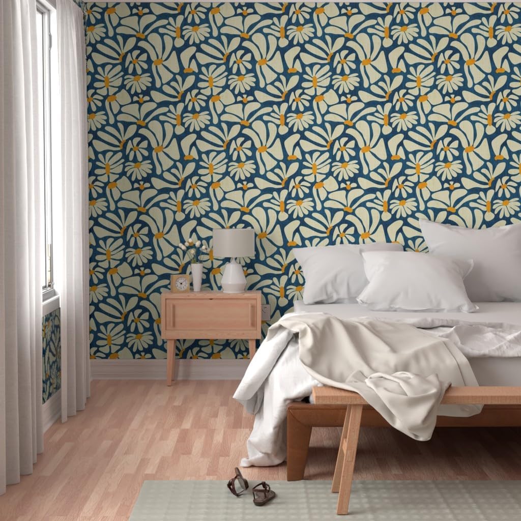Spoonflower Peel & Stick Wallpaper Swatch - Retro Daisy Flower Power Blue Floral Vintage Groovy 70S 60S Custom Removable Wallpaper