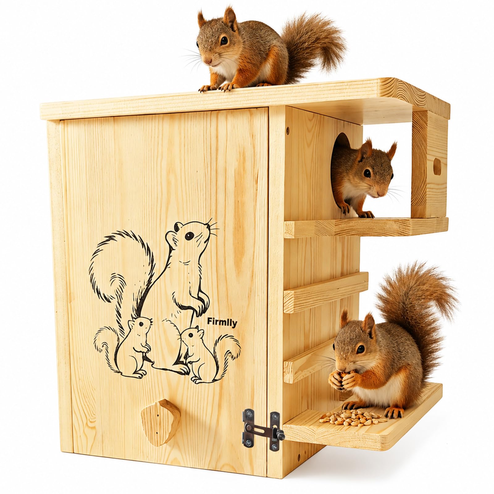 Firmlly Extra Large Outdoor Squirrel House with Upgraded Metal Latch – Wooden Squirrel Nesting Box with Double Rest Platforms, Side Panels, Ventilated Design for Backyard Wildlife