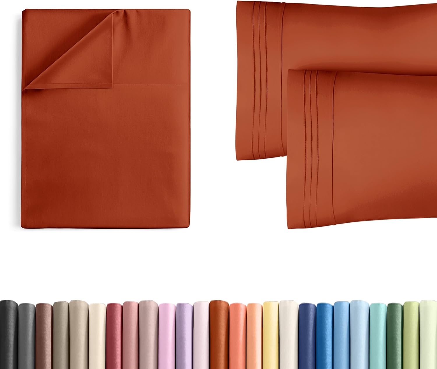 Split King Size Flat Bed Sheet + 2 Pillowcases Bundle - Hotel Luxury Single Flat Bottom Sheet Only - Fits Mattresses with Deep Pockets between 8 to 16 inches - Breathable & Wrinkle Free - Terracotta