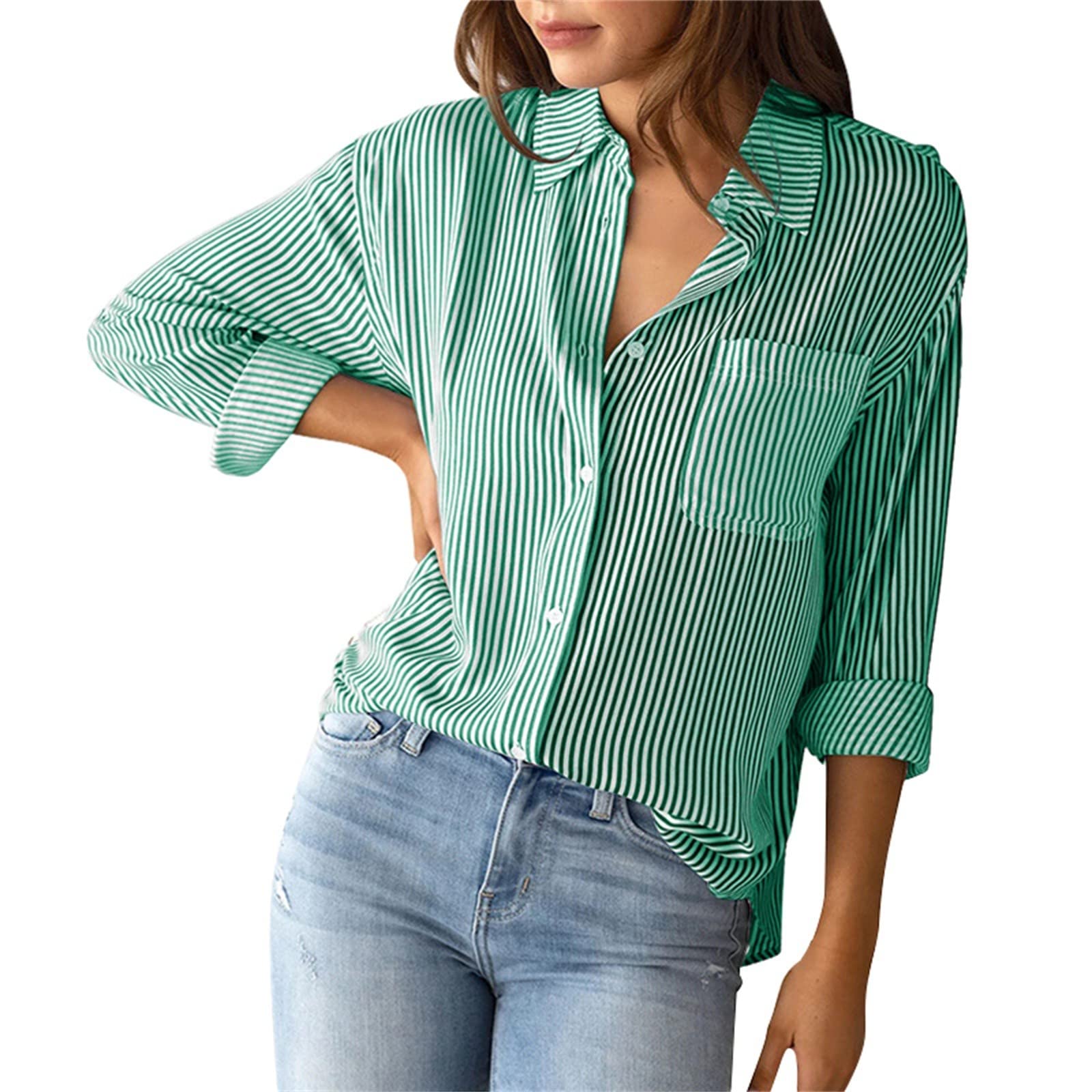 Generico Camicia A Righe Donna Manica Lunga - T-Shirt Estiva Casual E