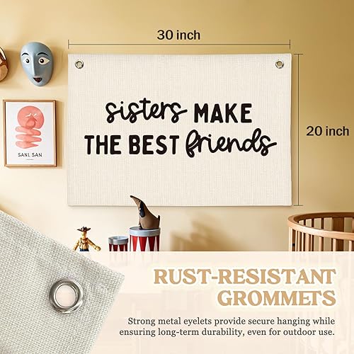 Miniatura 2 de Letrero de lona de lino con texto en inglés "Sisters Make The Best Friends" para dormitorio o sala de juegos, decoración de habitación de niñas, 30
