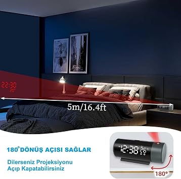 HyMark Projeksiyonlu Silindir USB Güç LED Ekran Çalar Saat Sıcaklık Çift Alarm