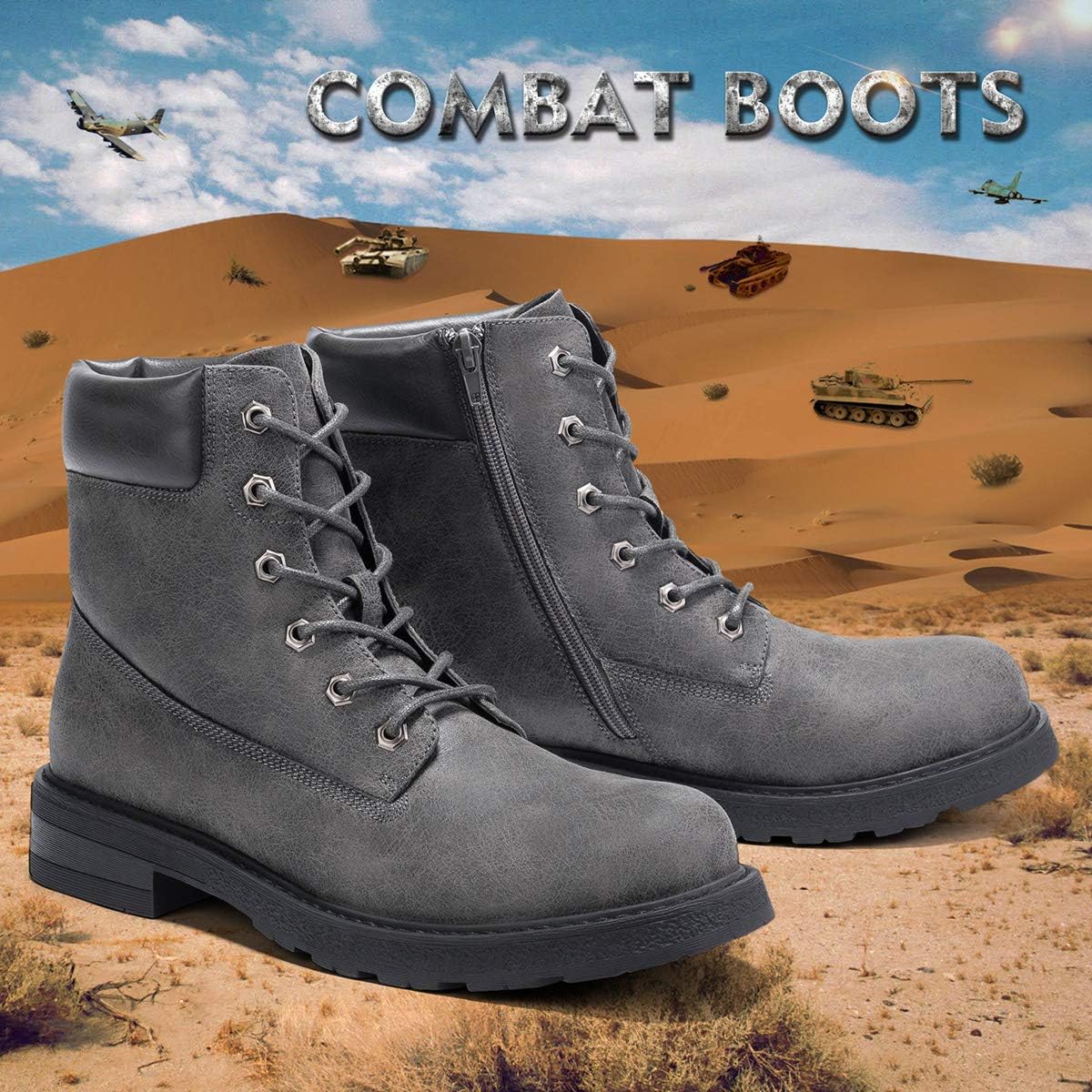 Combat Motorcycle Boots-Lace Up Zip Boot for Men Work Military Tactical Hiking 8 M US, 66 Grey