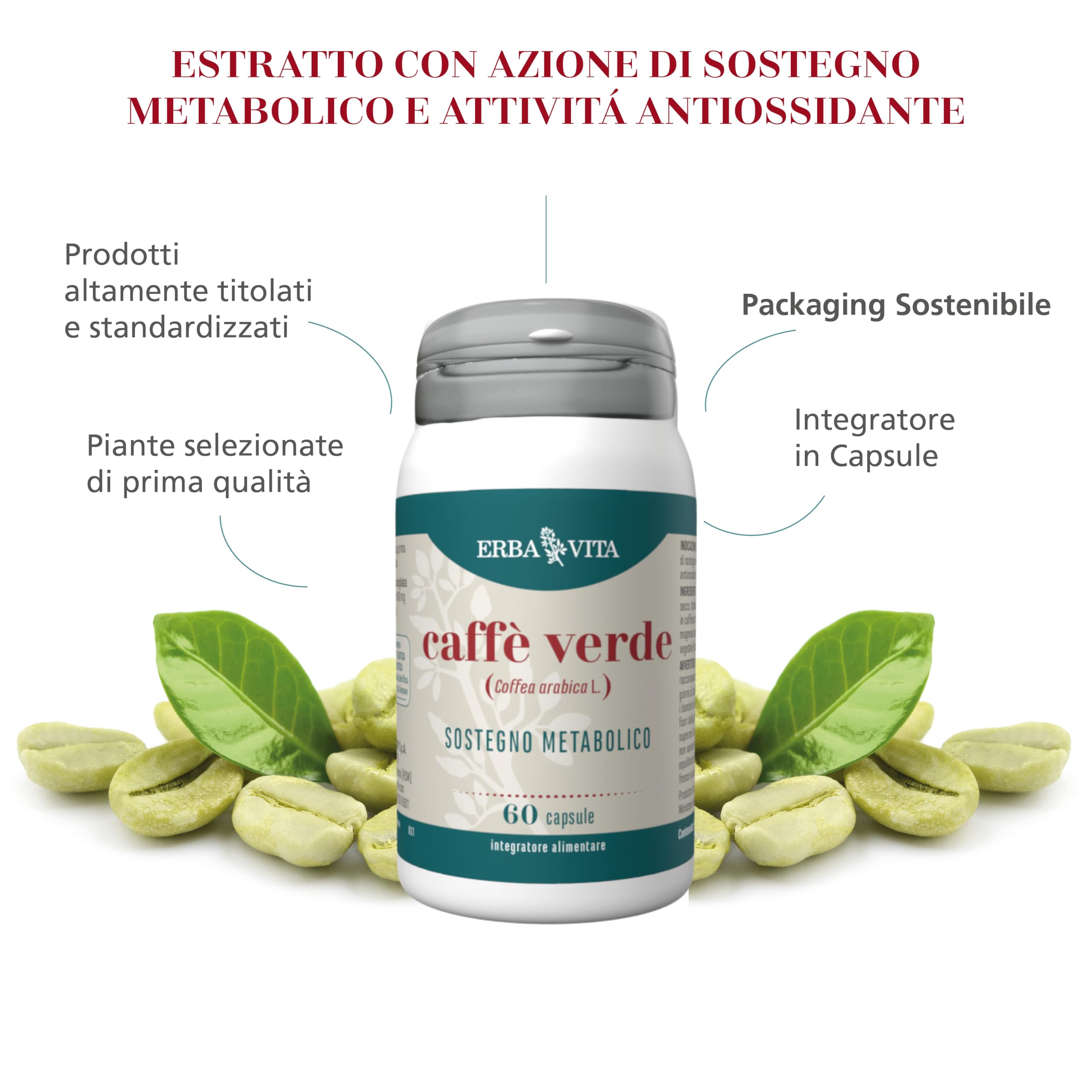 ERBA VITA Integratore Alimentare di Caffè verde - 60 Capsule - Utile al metabolismo e al contrastoi dei radicali liberi, 1 unità, 1