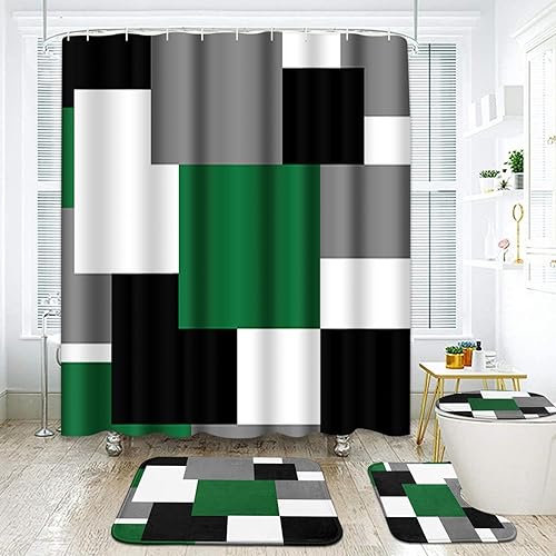 ArtSocket Juego de baño geométrico verde con cortina de ducha y accesorios de alfombras, cortina de ducha militar moderna negra y gris, decoración