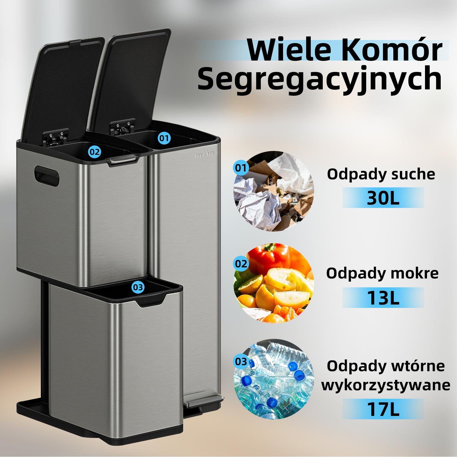 mVm Kosz na Śmieci do Segregacji Odpadów 60L 3 Komory, Stal Nierdzewna, Duża Pojemność, Kosz Kuchenny z Pokrywą Soft Close, Nowoczesny Pojemnik do Recyklingu
