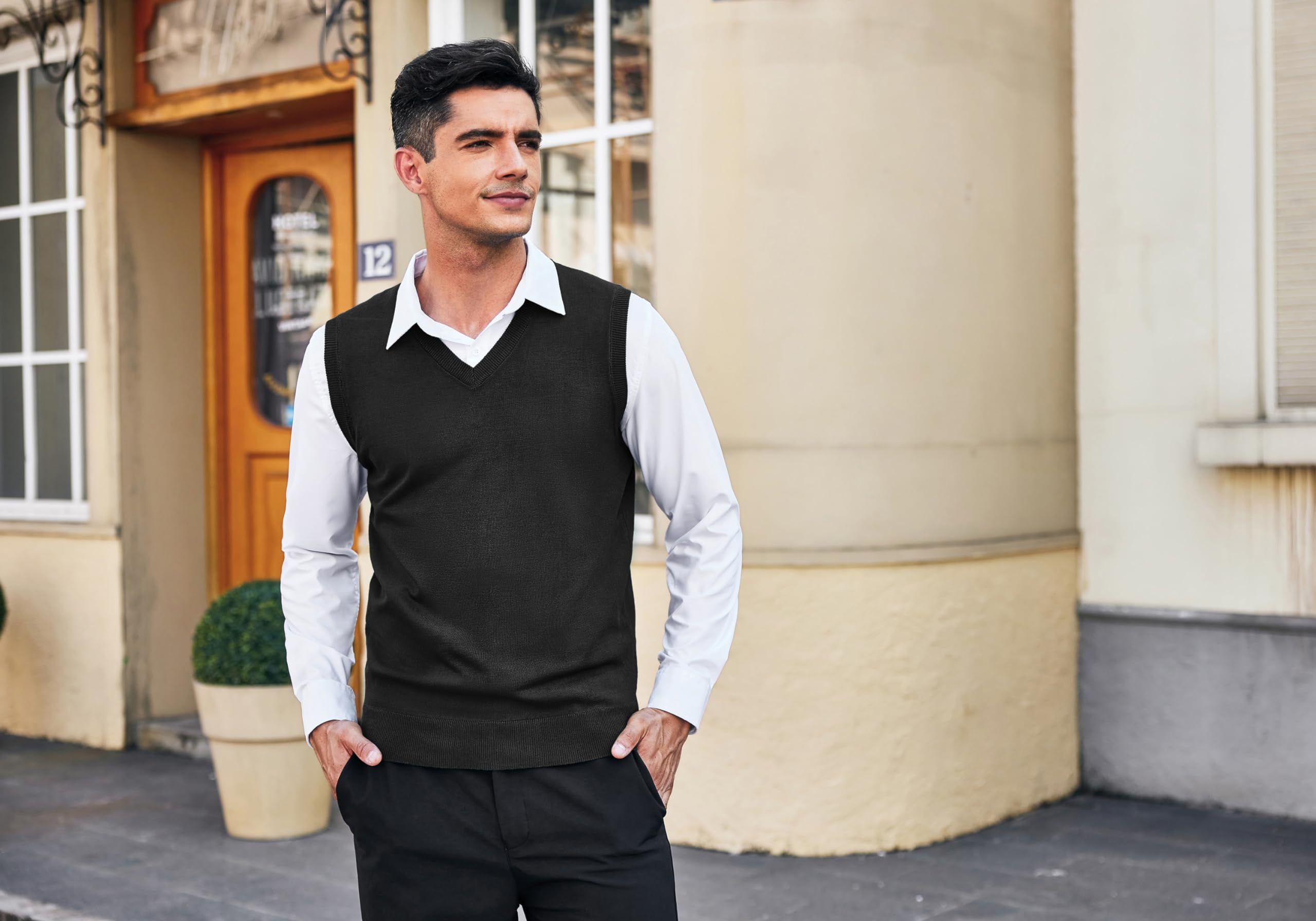 COOFANDY Suéter de punto con cuello en V para hombre, sin mangas, casual, ajustado, trenzado