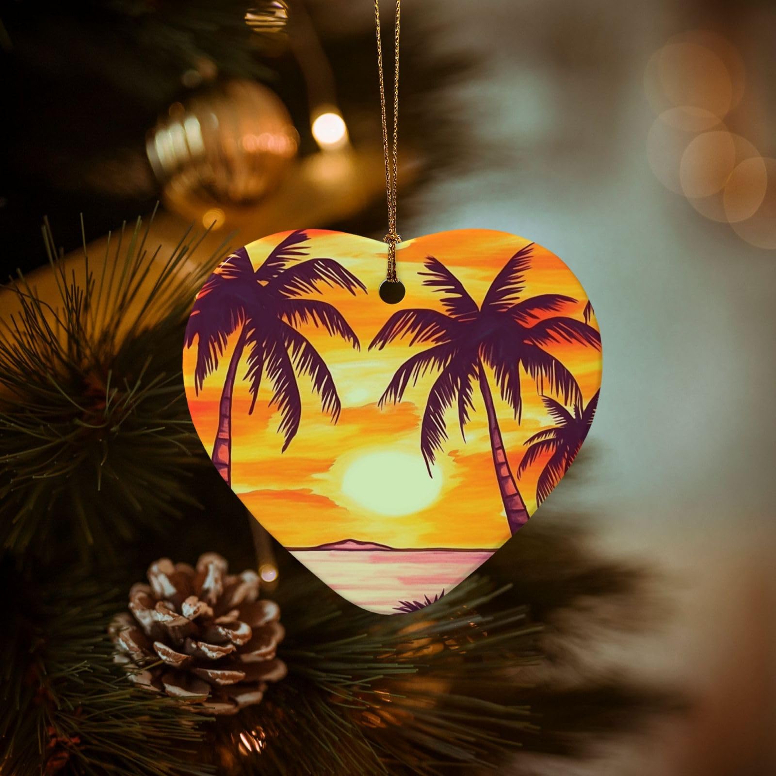 Christmas Tree Ornaments Ceramics Christmas Decorations Sunset Palm Tree Ornaments with Gold Ribbon Porcelain Xmas Tree Crafts Heart Shape Hanging Pendant for Christmas Tree Party Decor