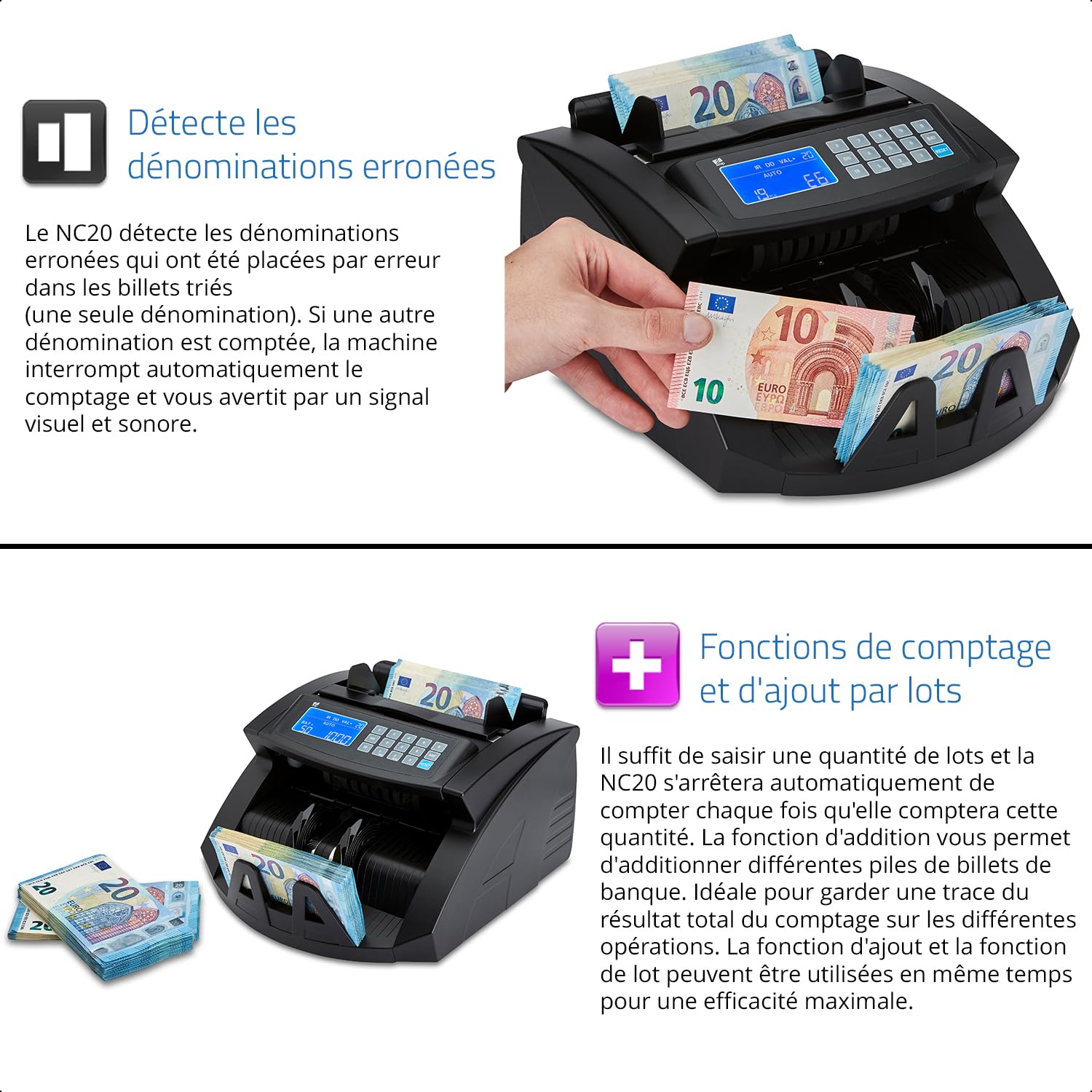 ZZap NC20 Compteuse de Billets - Compte 1000 billets par minute, compte par lots, compte toutes les devises du monde et plus encore!