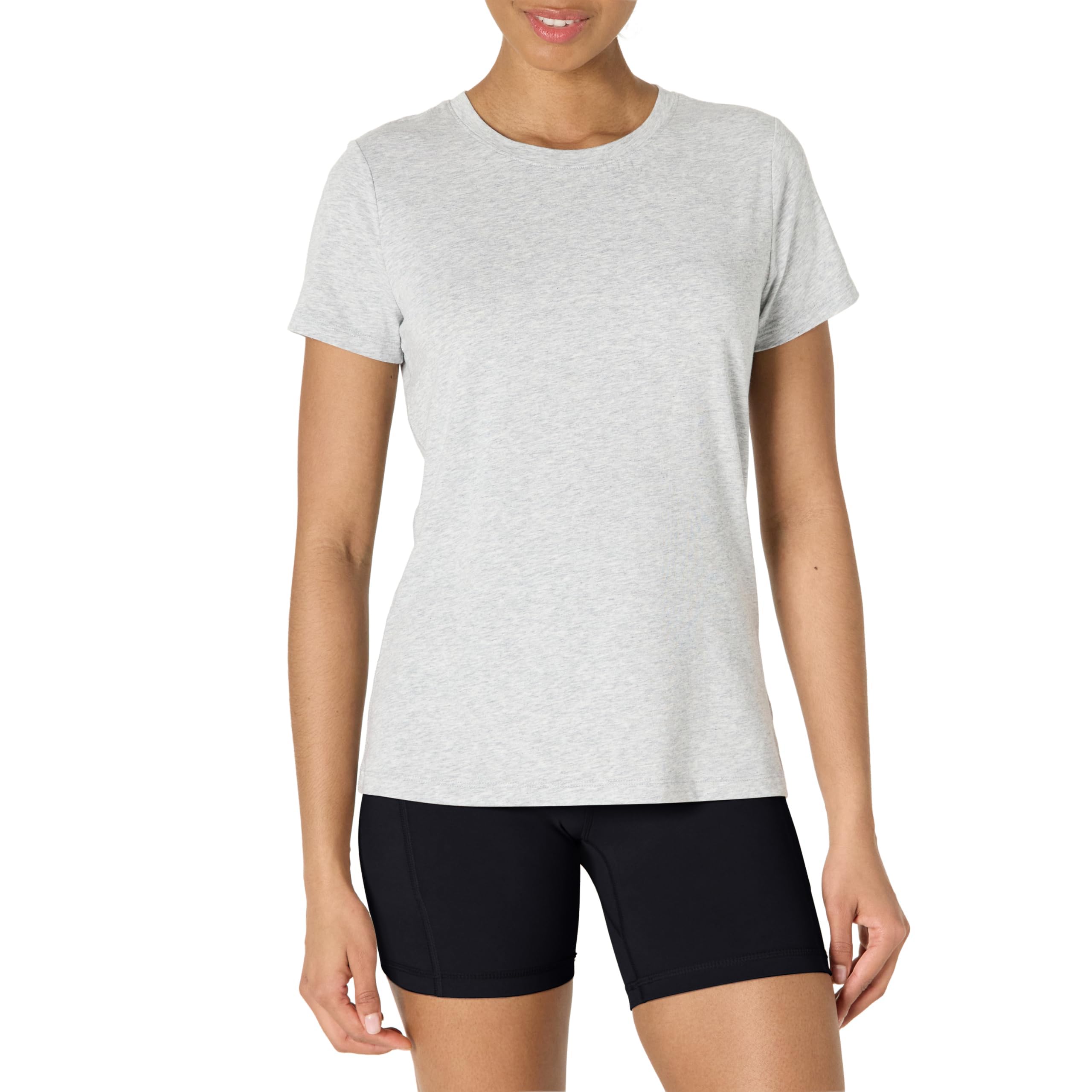 Amazon Essentials T-shirt Leggera Sportiva Tecnica per Yoga in Morbido Cotone, a Maniche Corte, Girocollo, Vestibilità Classica Donna, Grigio Chiaro Puntinato, XS