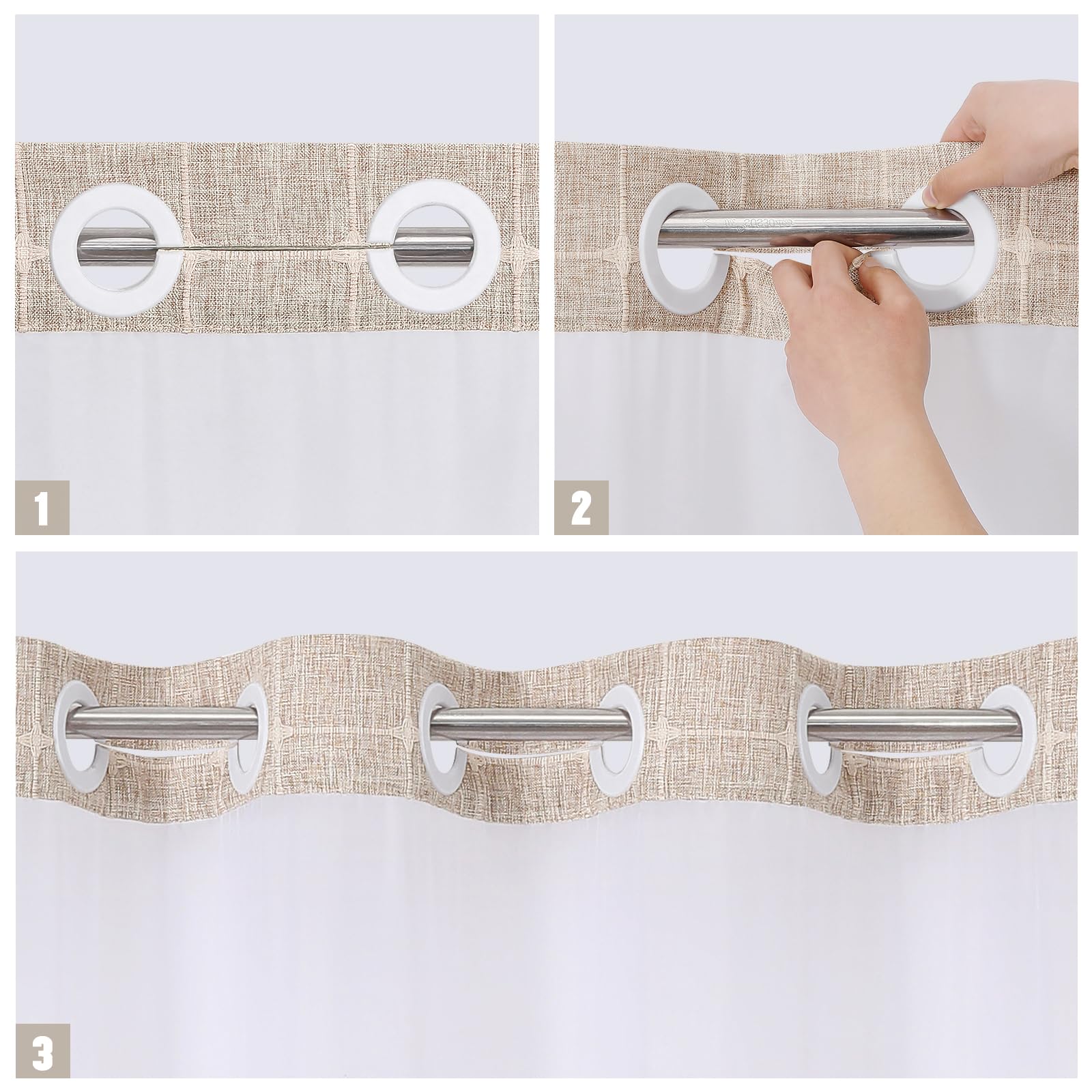 MitoVilla Tenda da doccia con fodera a scatto senza ganci, con finestra e magneti, tende da doccia in tessuto di cotone e lino bohémien con nappe, per arredamento rustico del bagno, marrone chiaro