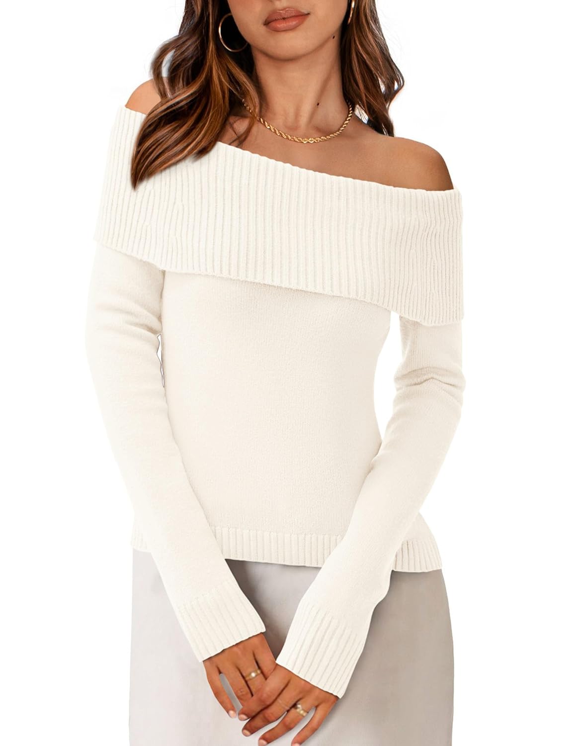 PRETTYGARDEN Off The Shoulder Sweater for Women 2026 Fall Fashion Cute Long Sleeve Tops Winter Ribbed Pullover Knit