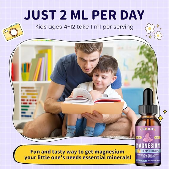 Kids Magnesium Liquid Drops-Magnesium Glycinate Liquid for Kids Supplement-w/L-theanine, Omega-3, Vitamin B6, D3 - for Sleep, Relaxation, Brain, Bones - Mango Flavor, 2 Fl Oz