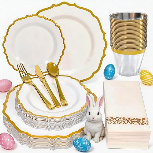 175 Plastic Dinnerware Set Gold Disposable Dinnerware Set for 25