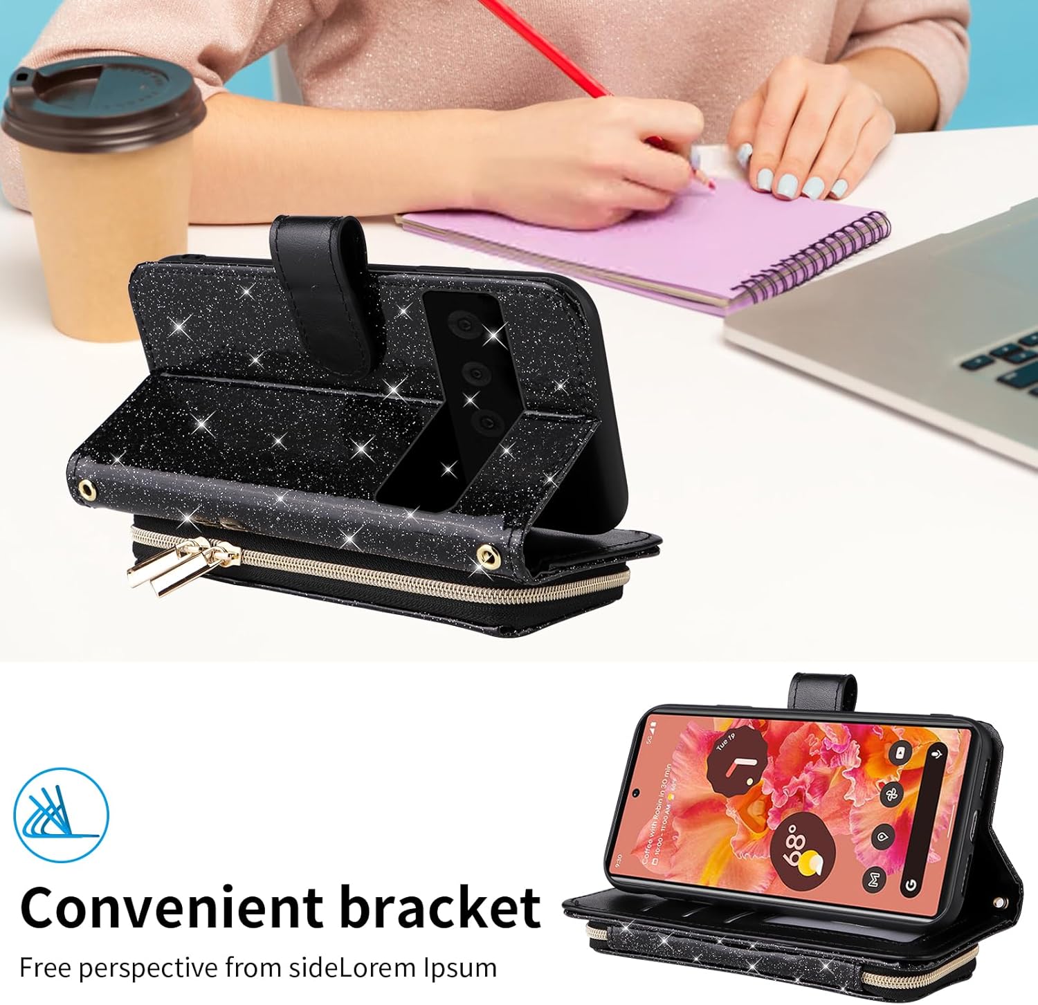 Wallet Case for Google Pixel 6 with Detachable Wrist Strap,Crossbody Shoulder Strap,9+ Card Slots,Zipper Purse Luxury PU Leather Stand Cell Phone Cover for Pixel6 Pixle Six Girls Women Black