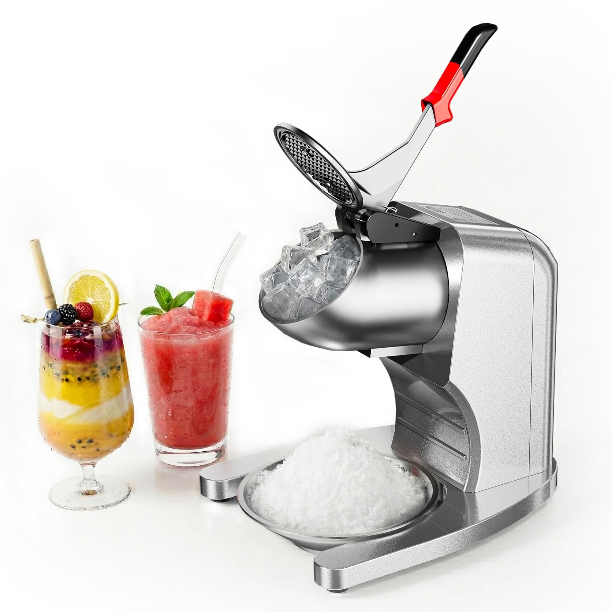 Broyeur à glace électrique commercial 350 W (250 lb/h) - 4 lames inox, 2 000 tr/min - Grand trémie 8,98 gal, interrupteur sécurité - Argent, standard US