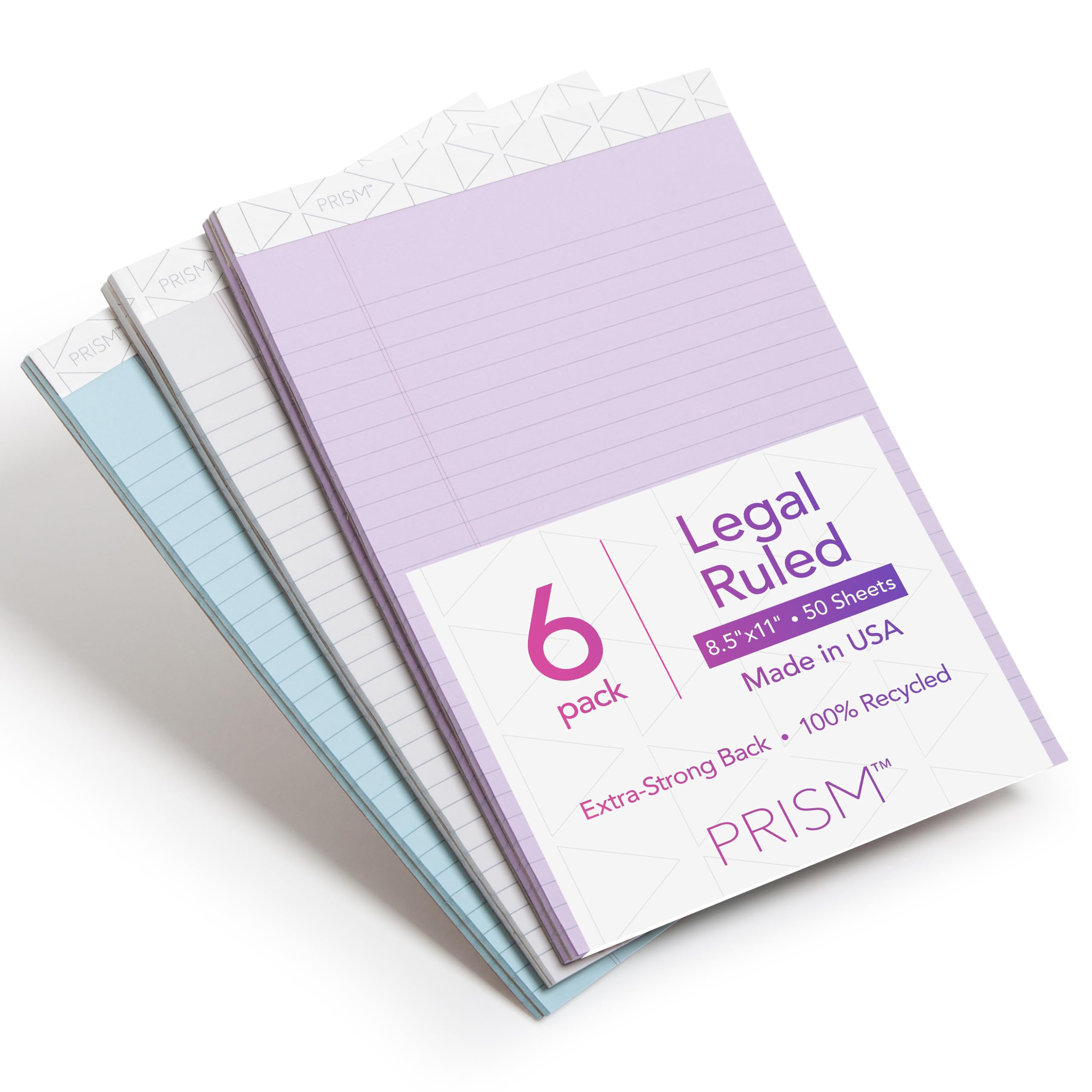 TOPS 8.5 x 11 Legal Pads, 6 Pack, Prism Brand, 2 Gray/2 Blue/2 Purple, Wide Ruled, 50 Sheets Per Writing Pad, Made in the USA (63116)