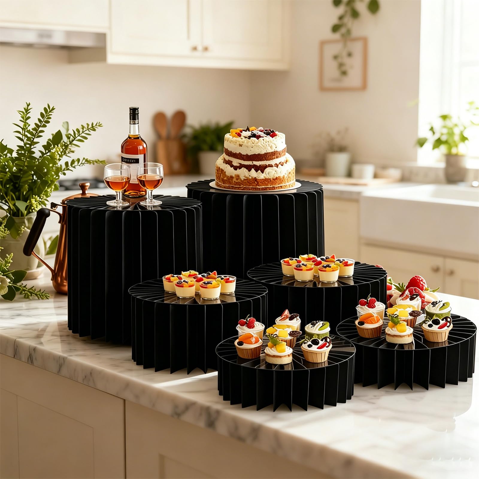 6 Stück Buffet Ständer, Faltbare Buffet Erhöhungen mit 6 Transparente Acrylplatte Tortenständer aus Karton Kuchen Display Ständer für Hochzeiten Geburtstag Dessert Cupcake