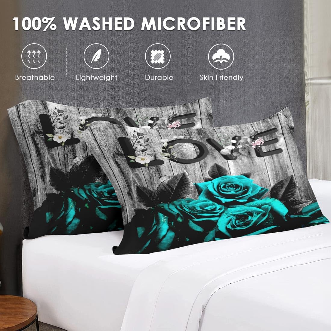 WeCozy 7 Pcs Queen Size Comforter Set with 2 Pillowcases & 2 Shams, Cyan Rose Flower Love Bedding for Kids and Adults, Summer Vintage Woodboard Bed in a Bag with Flat Fitted Sheet