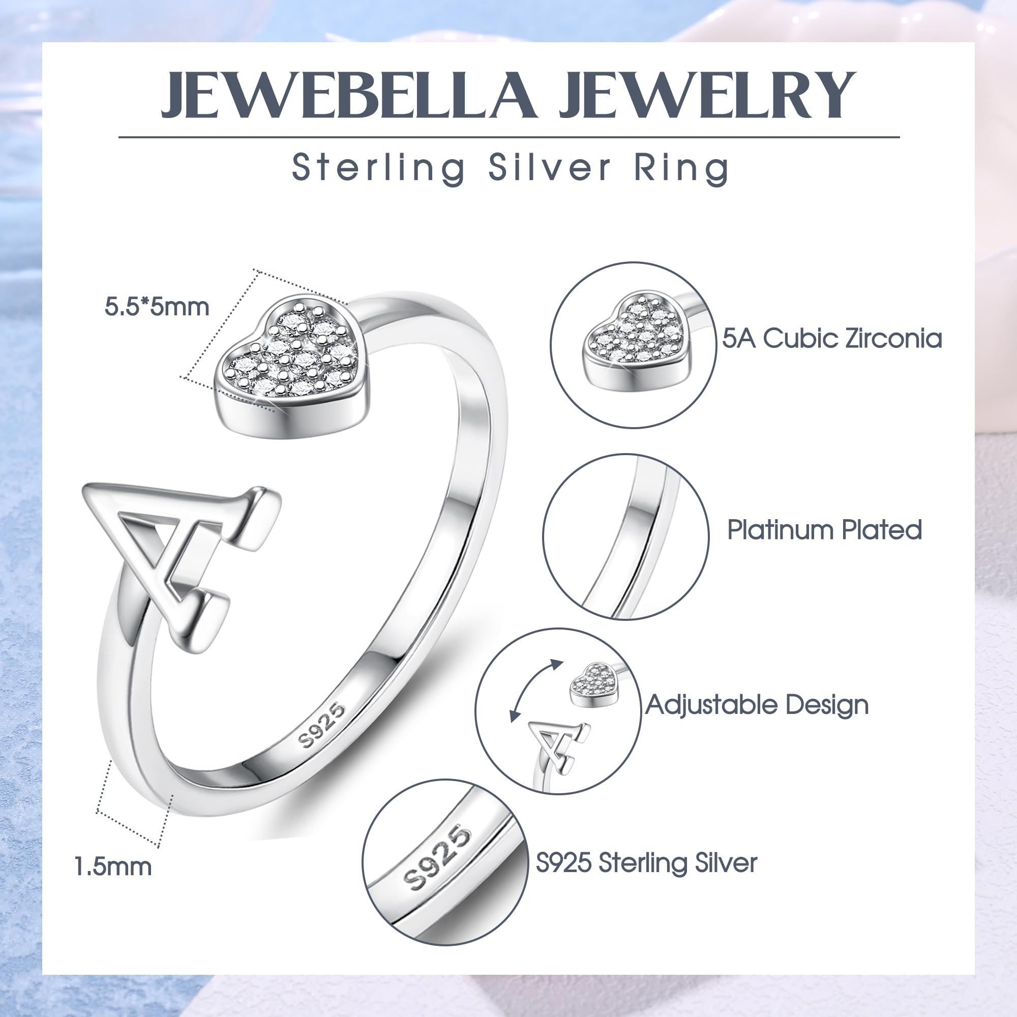 JeweBella Anelli Donna Argento 925 con Iniziale A-Z Anello Cuore Regolabili Anello di Promessa Anello Fidanzamento FEDI Nuziali Anelli Mignolo Anelli Pollice Donna Ragazza Gioielli con Scatola Regalo