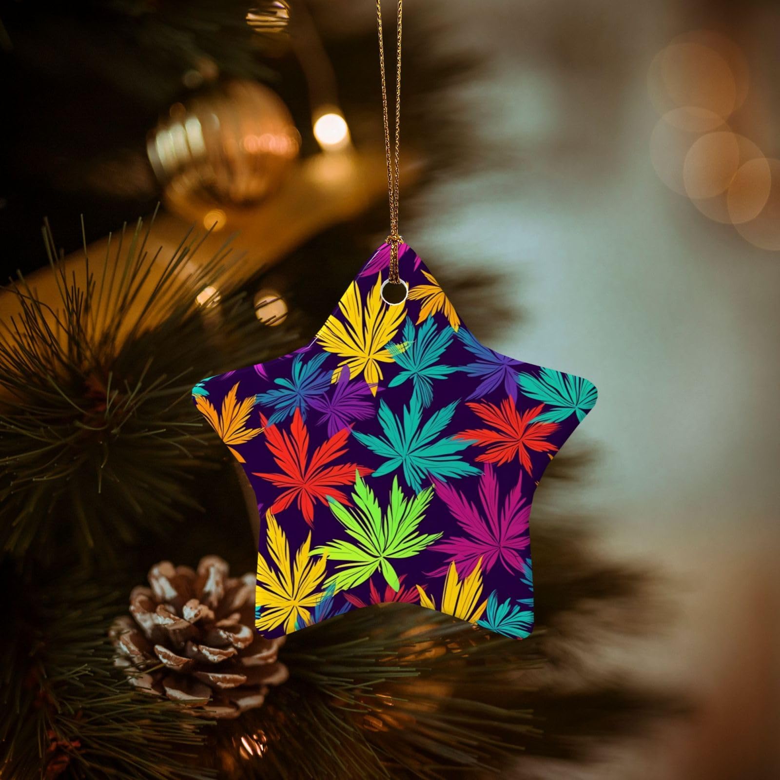 Christmas Ornaments for Christmas Tree Decoration Hanging Bright Colorful Weed Pattern Ornament with Gold Ribbon Crafts Star Shape Ceramic Pendant for Keepsake Gifts Xmas Decor Party Supplies