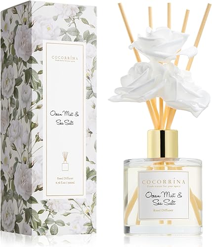 Miniatura 10 de COCORRÍNA juego de difusor con varillas, 6.7 fl oz (200ml) con aroma a flores de cerezo, con 3 flores de espuma de rosa blanca y varillas de