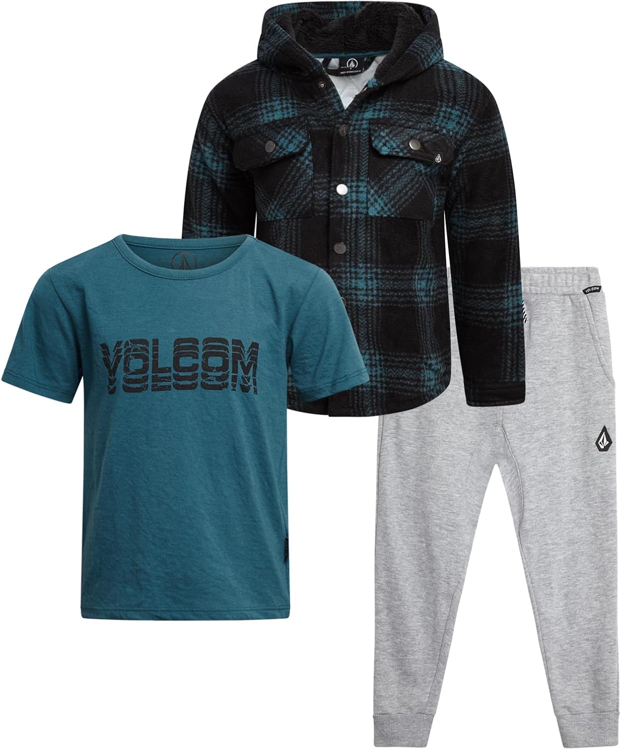 Volcom Baby Boys Pants Set - 3 Piece Sherpa Lined Soft Fleece Shacket Short Sleeve Graphic Tee & French Terry Jogger Pants