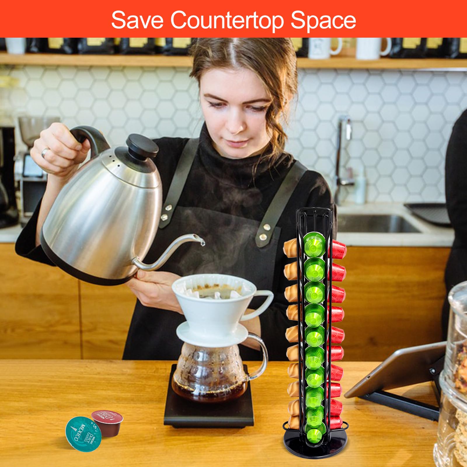 Lectorias Porta Capsulas para Nespresso, Soporte para Contener 40 Piezas Café Capsulas, 360 Grados Giratorio Dispensador Capsulas, Negro Organizador Cápsulas con Base Antideslizante, Hecho de Metal