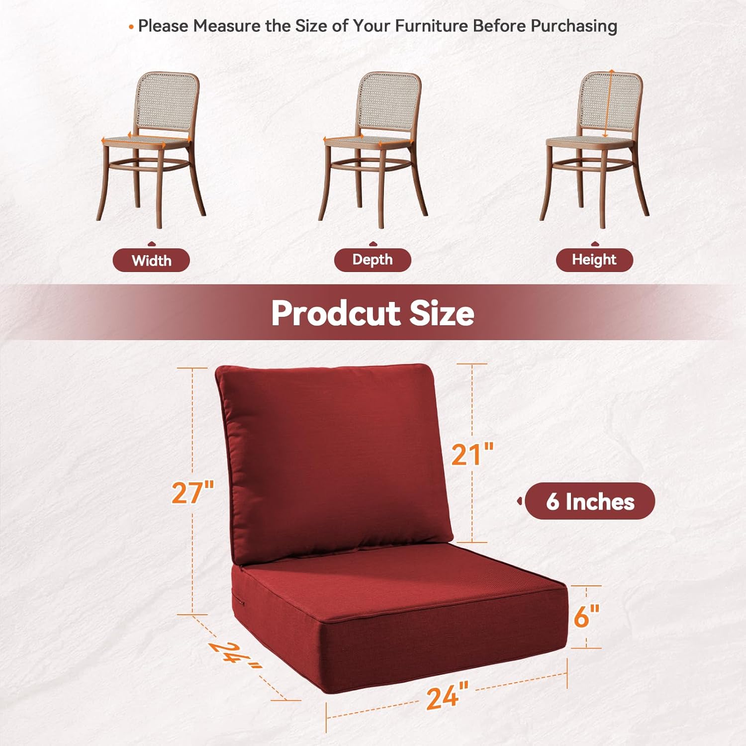 luxury 6" outdoor cushions for patio furniture, 24x24x6 thick seat cushion set, fade resistant couch chair replacement cushions high density deep wicker chair cushion with removable cover, red 24"w x 24"d x 6"h red 1