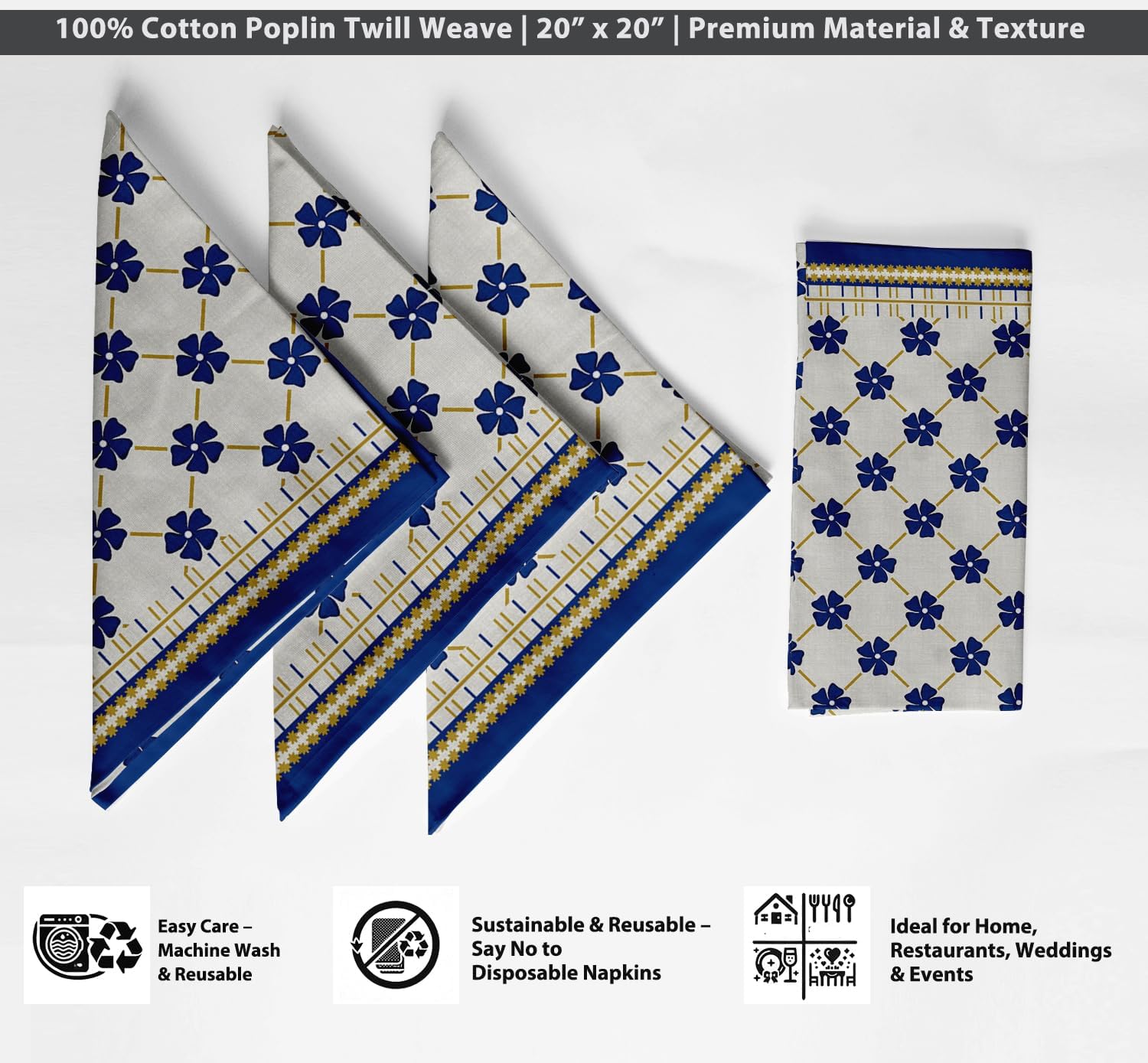 Luxury Cotton Twill Napkins - Set of 12, 20-Inch Floral Pattern, Premium Thick Cloth Napkins for Elegant Dining & Special Occasions - Soft, Absorbent & Machine Washable