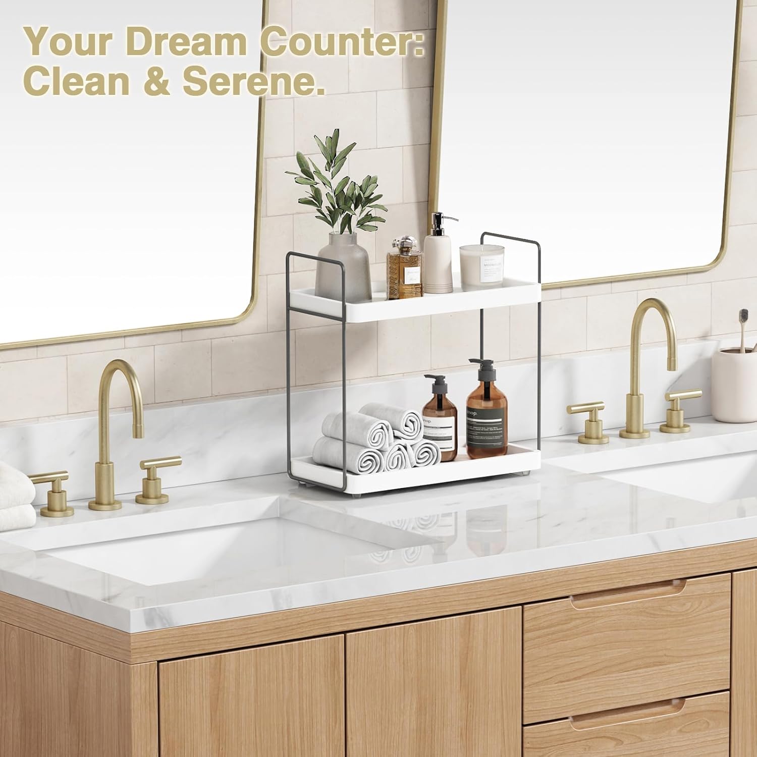 Forbena White Bathroom Organizer Countertop, Kitchen Counter Shelf Organizer for Coffee Bar Station, Makeup Vanity Organizers and Storage, Tiered Sink Tray for Perfurm Skincare (White and Grey)