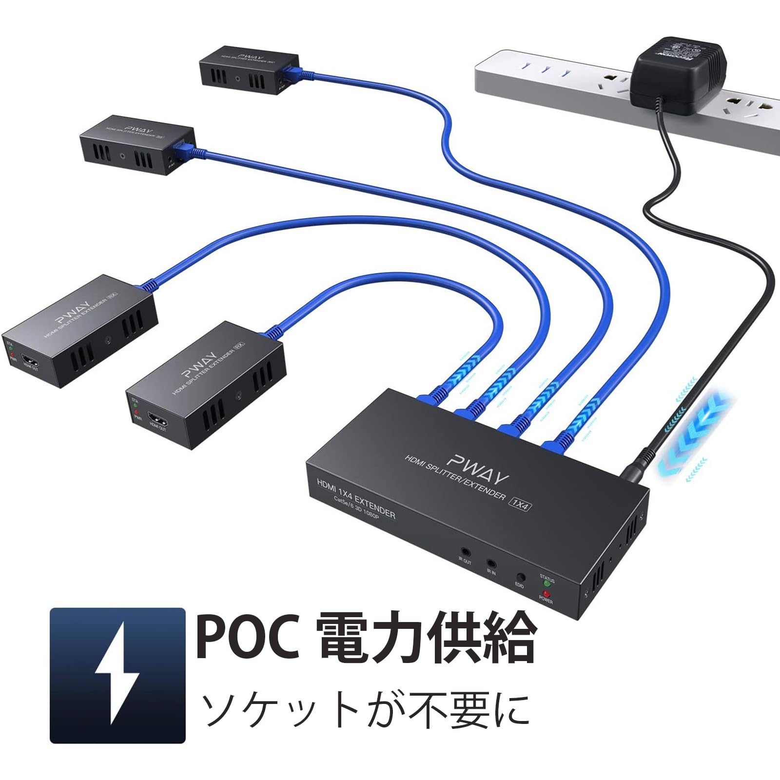 HDMI 4分配 エクステンダー　PoCタイプ HDMI 4分配 エクステンダー PoCタイプ、伝送距離70m＠1080P、40m