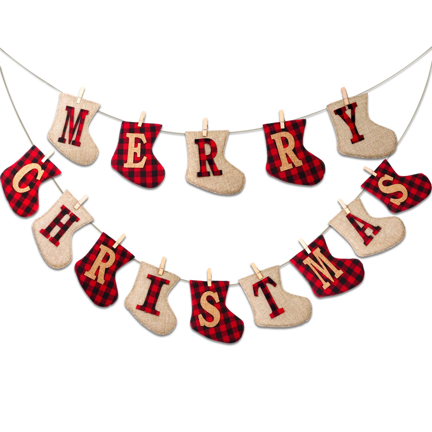 Merry Christmas Burlap Banner-Sock Shaped Christmas Decoration,Outdoor Indoor Hanging Decor,Rustic Holidays Decorations for Mantle Fireplace,Xmas Party Supplies Decoration（1Set）