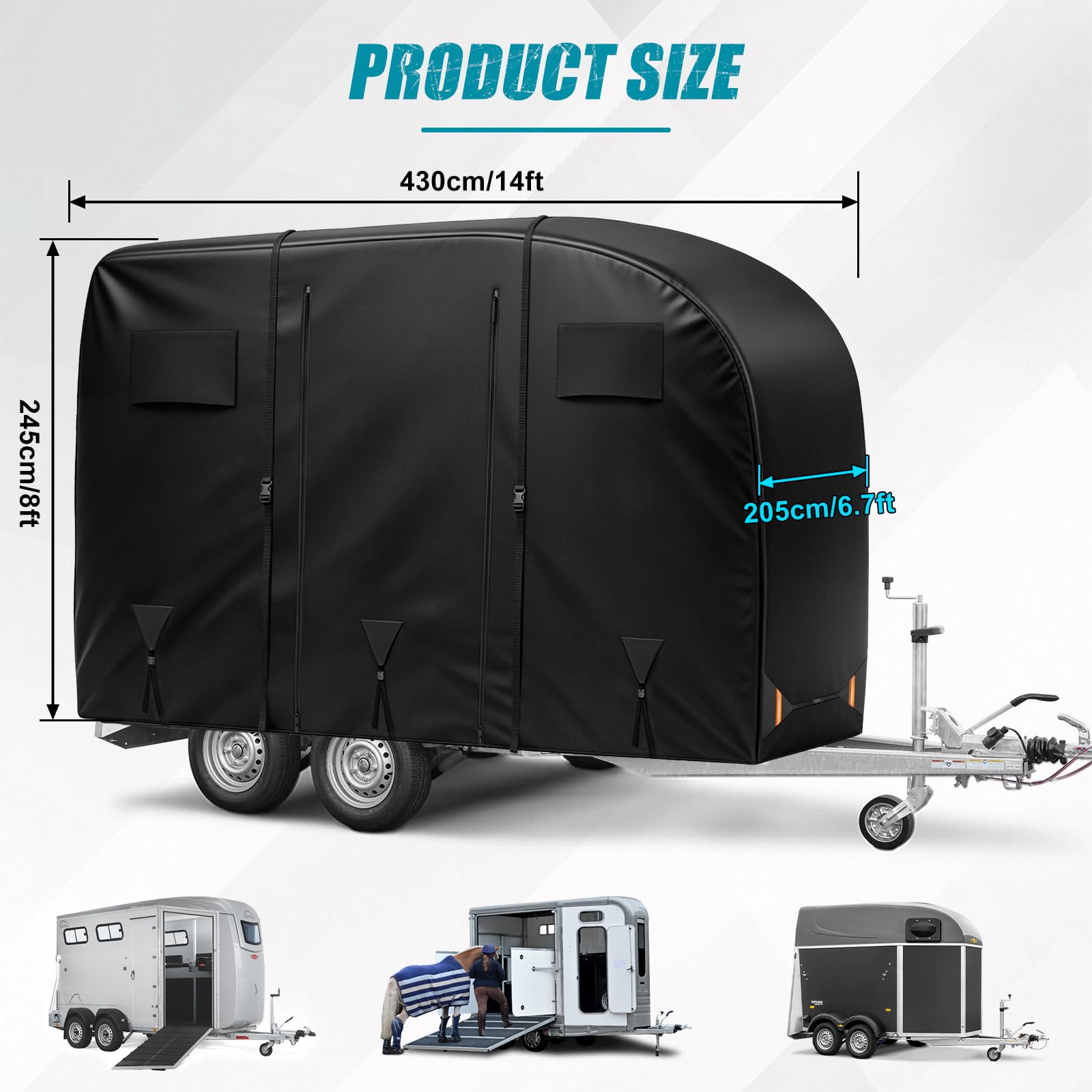 Cubierta para Remolque de Caballos, Lona de Tejido Resistente, Funda Universal para Remolque de 2 Caballos hasta 4,3 M, Apertura Lateral Derecha (L430 X A205 X H245 cm)