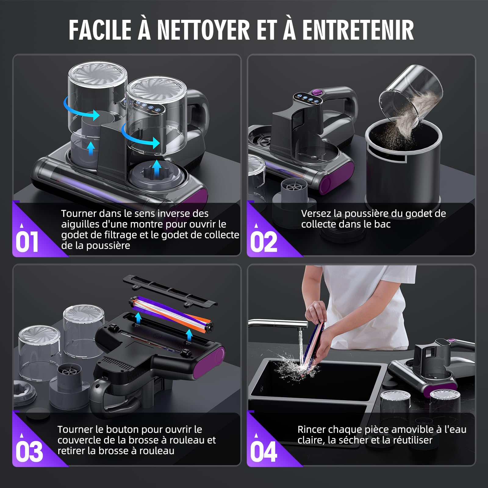 Aspirateur Anti Acariens Matelas avec Lumière UV-C de 253,7nm Aspirateur Lit 16Kpa Aspiration Ultrasons Chauffage Filtre HEPA Brosse Rotative Élimine des Allergènes 500W