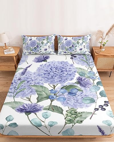 Bedding Sábanas bajeras de tamaño Queen para colchón de bolsillo profundo de 5 a 16 pulgadas, color morado, flor de hortensia arándano, sábana disponible en Yaxa Costa Rica