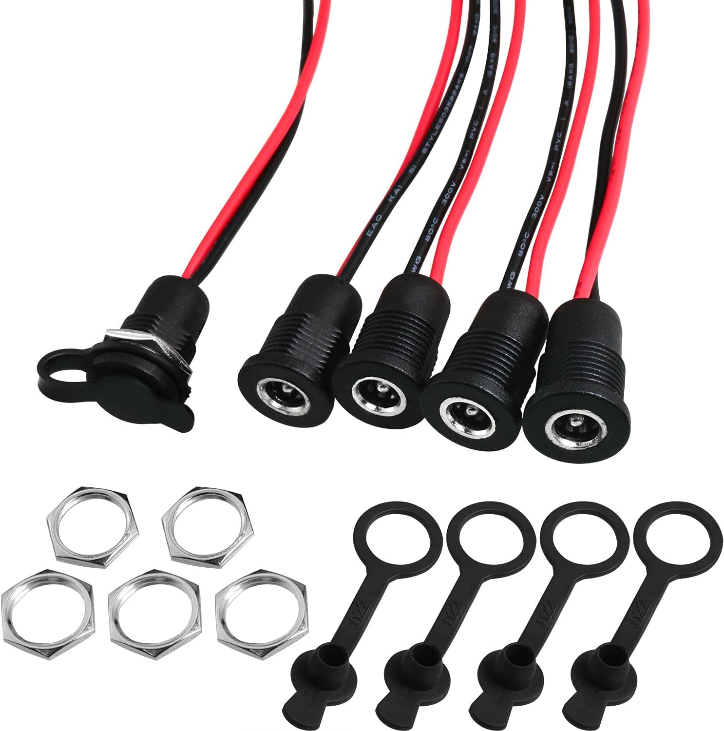5Pcs 10A DC-099 Power Jack Cord Socket Threaded Female Mount Connector Adapter with Pre-soldered Wires and Waterproof Cover Cap, 5.5 x 2.1 MM