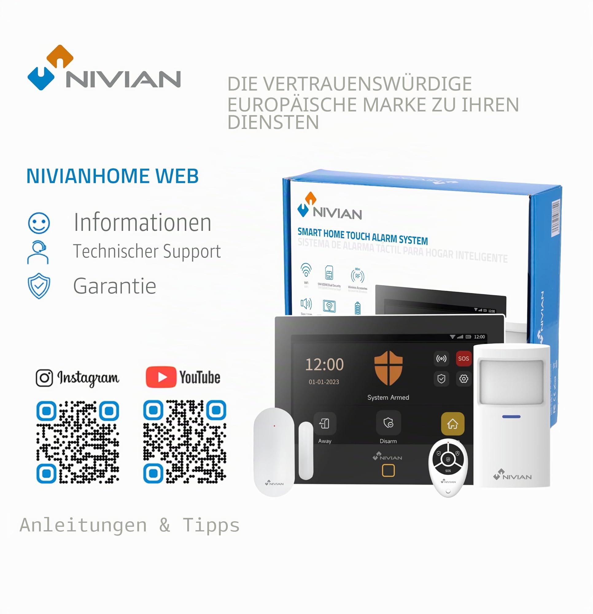 NIVIAN WLAN & GSM Alarmanlage Haus – Smartes Alarmsystem mit Touchscreen, Bewegungsmeldern, Tür-/Fenstersensoren, Fernbedienungen & Außensirene – APP TUYA