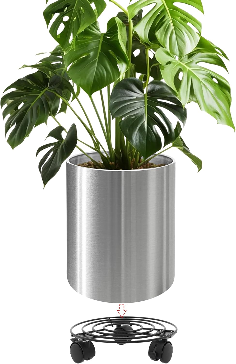 12 Inch Stainless Steel Plant Pot, Modern Cylindrical Flower Planter for Indoor & Outdoor Use, Includes Tray with Universal Wheels - Curved Border