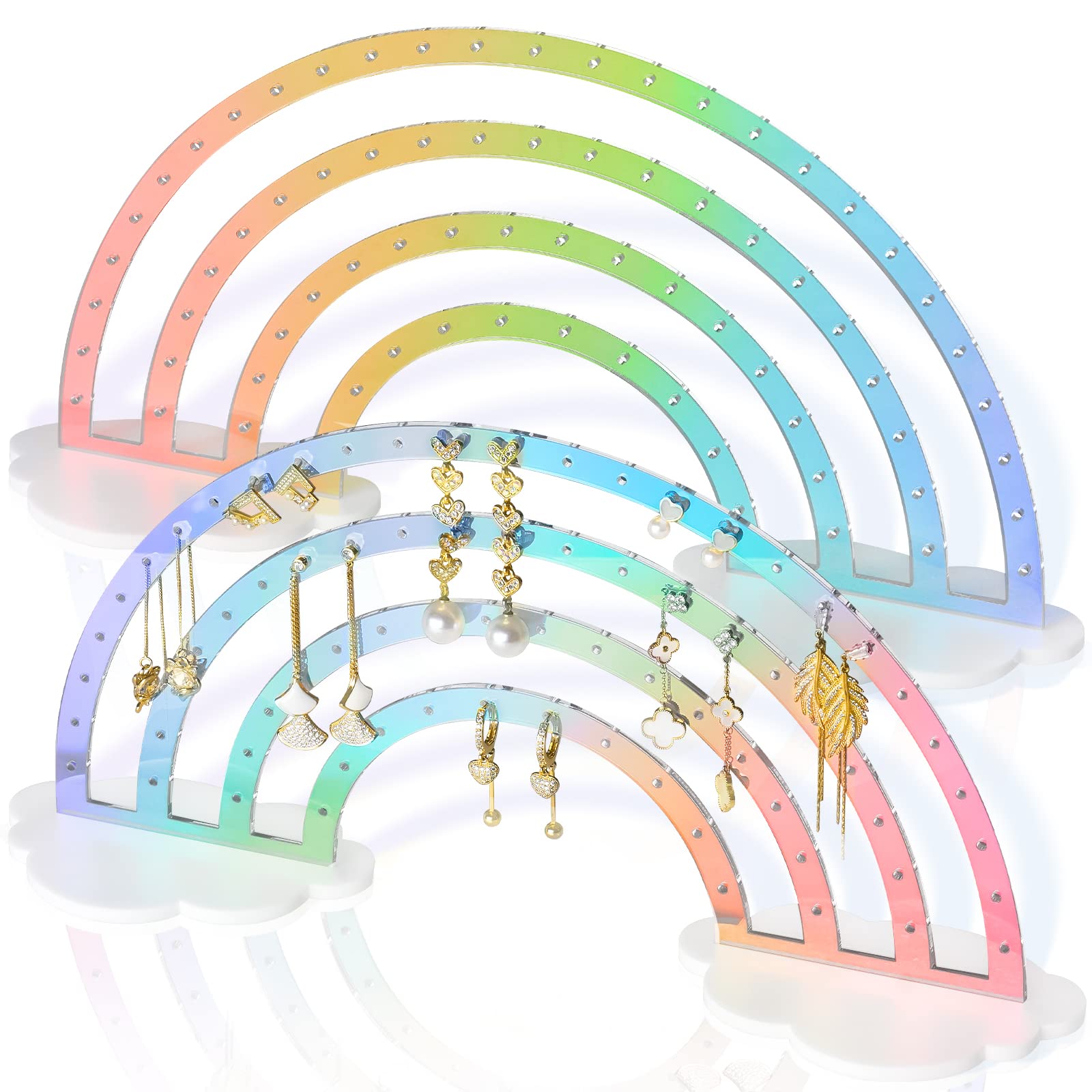 NiHome Iridescent Earring Organizer Set - 74-Hole Display Rack for Studs, Dangles and Hoops - Rainbow Iridescent Finish - Clear Acrylic - Ideal for