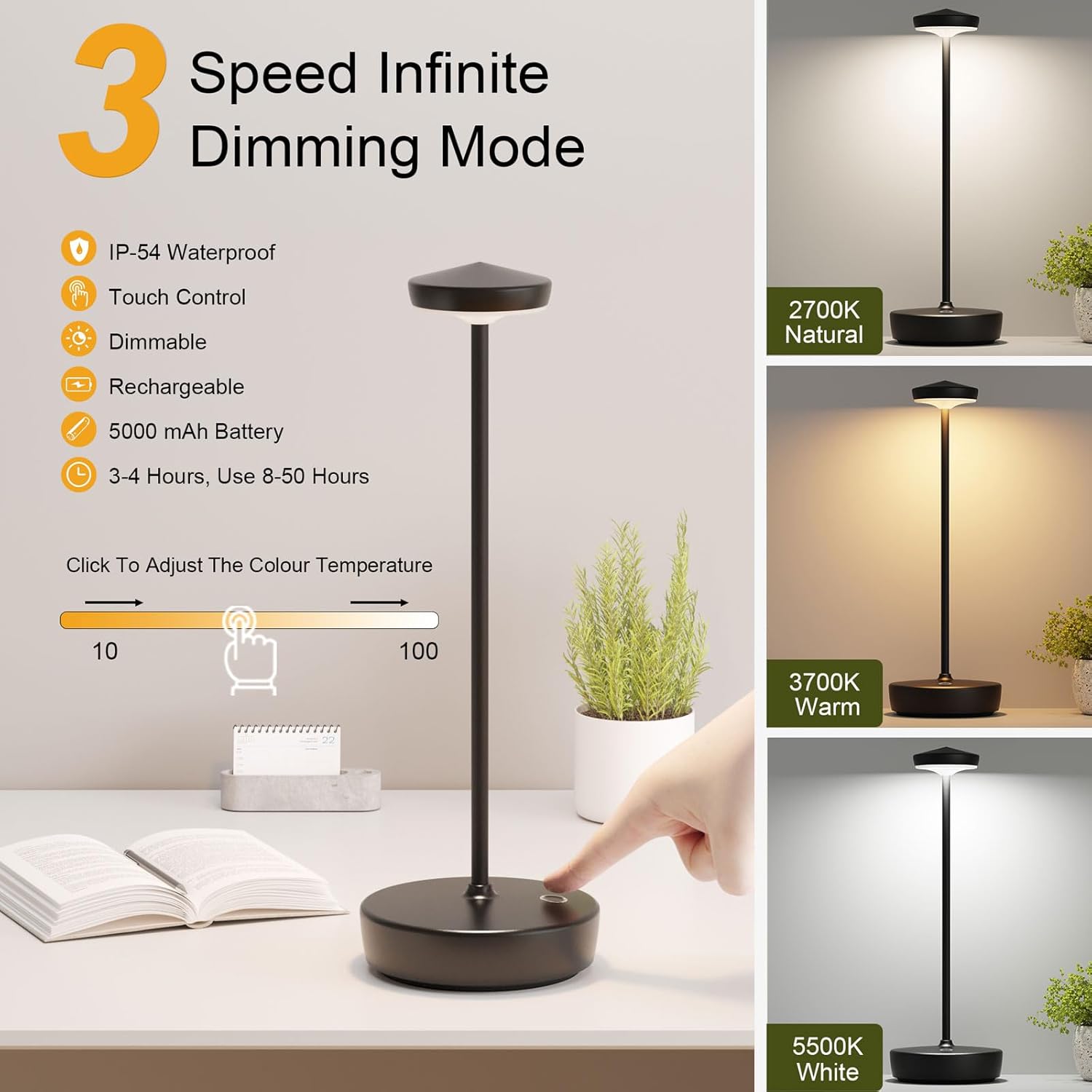 Cordless LED Table Lamp,Rechargeable 5000mAh Battery - Touch Control 3-Level Brightness with Memory Function,Portable IP54 Waterproof Desk lamp for Outdoor, Bars,Restaurants (2P Black)