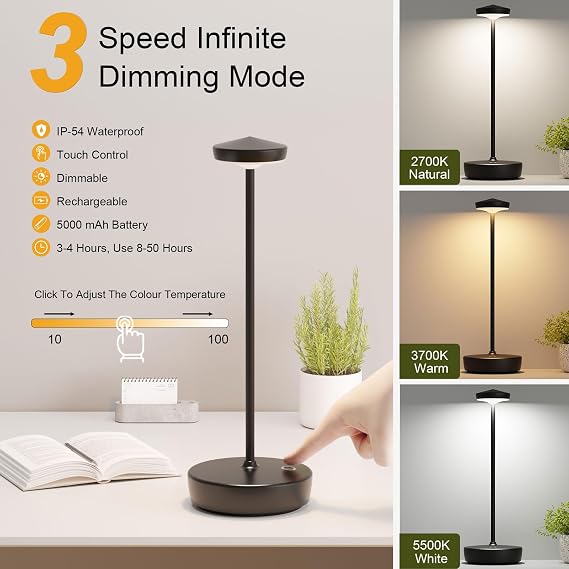Rechargeable LED Cordless Table Lamp,5000 mAh Touch Outdoor Table Lamp,Portable Battery Operated Table Light,with Memory Function Dimmable for Restaurant,Home,Outdoor(Black)