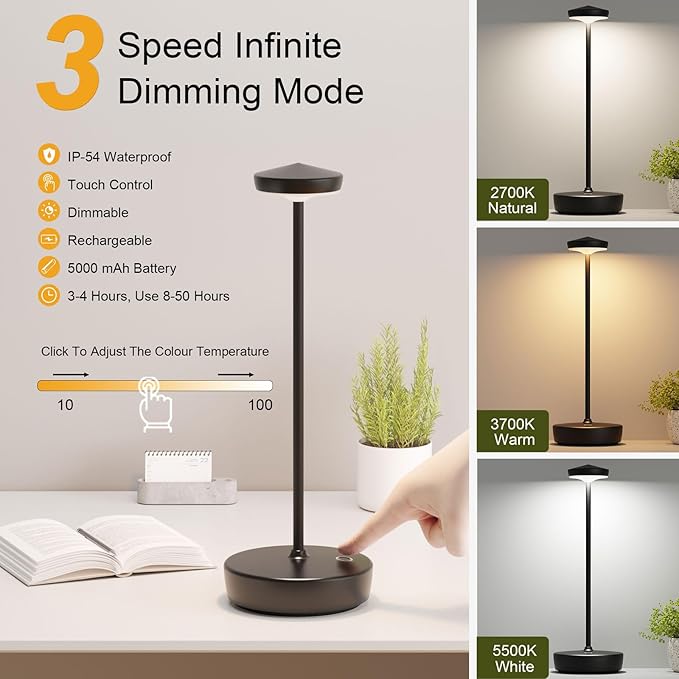 ZTFLOS Cordless LED Table Lamp,Rechargeable 5000mAh Battery - Touch Control 3-Level Brightness with Memory Function,Portable IP54 Waterproof Desk lamp for Outdoor, Bars,Restaurants (2P Black) photo 6