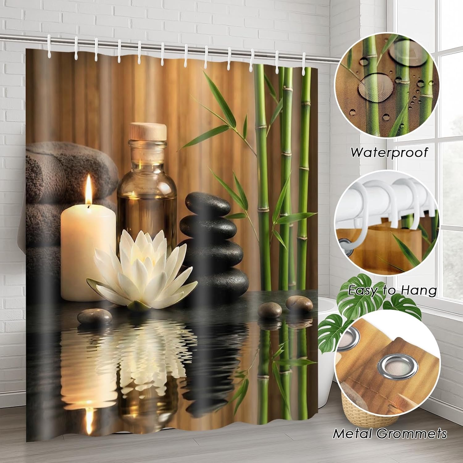 ArtSocket Stones Spa Bamboo Bathroom Set with Shower Curtain and Rug Accessories, Oil Wood Massage Candle Modern Water Bamboo Green Tropical Shower Curtain for Bathroom Decor 4 Pcs