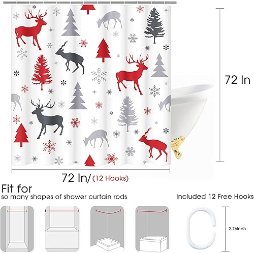 Miniatura 4 de ArtSocket Cortina de ducha con diseño de reno de 72 x 72 pulgadas, cortina de ducha con árbol de ciervo de Navidad, decoración de baño, tela de