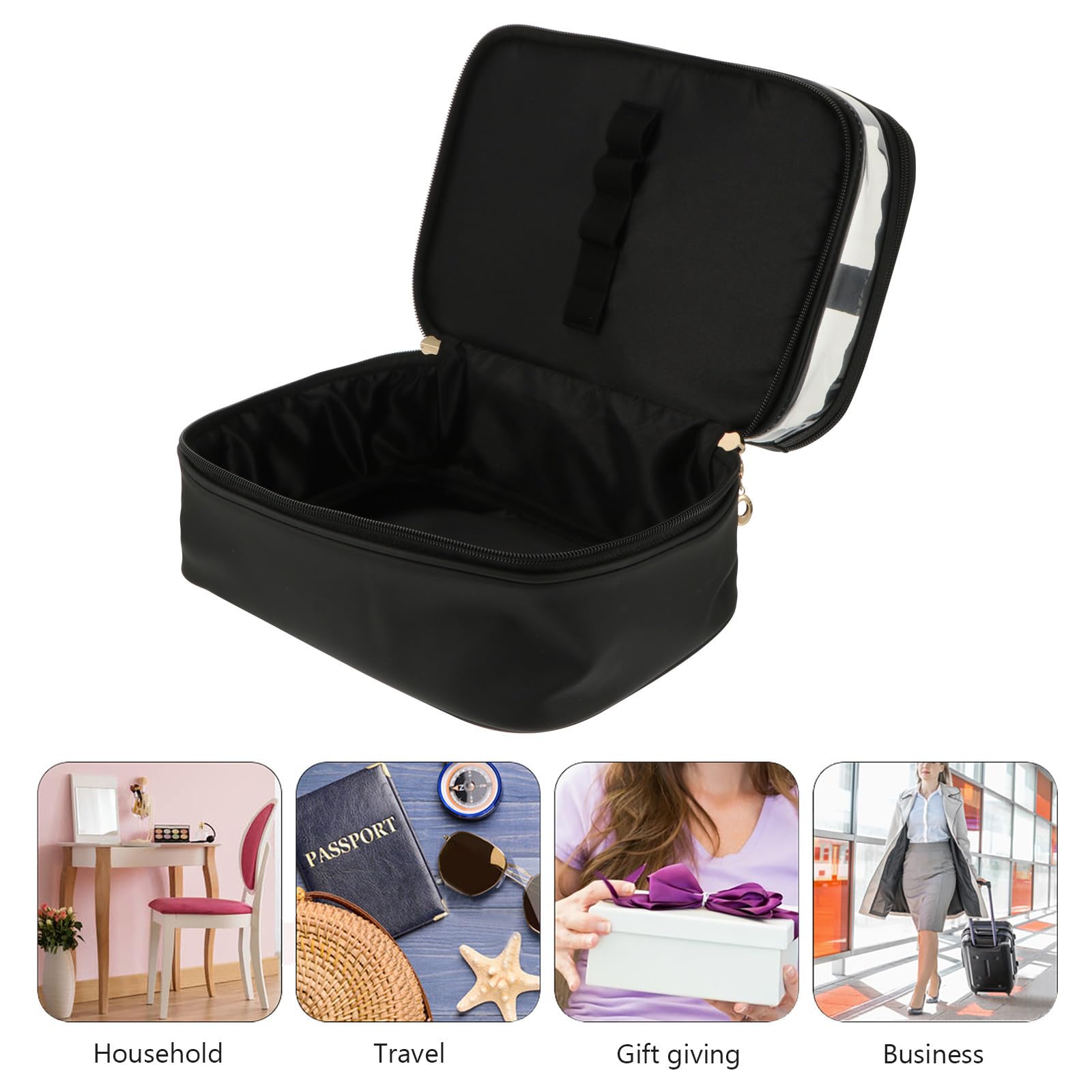 Lurrose Borsa Cosmetica Borsa da Toilette da Viaggio Doppio Strato in Pu e Plastica, Grande Capacità, Nera, per Viaggi di Lavoro e Uso Familiare